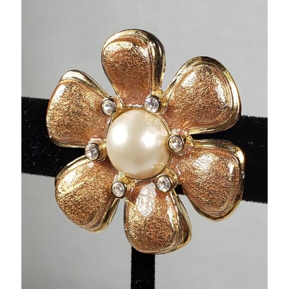 Vintage Carolee Bronze/Pink Daisy Enamel Pearl Rhinestone Gold Tone Brooch - Picture 3 of 9